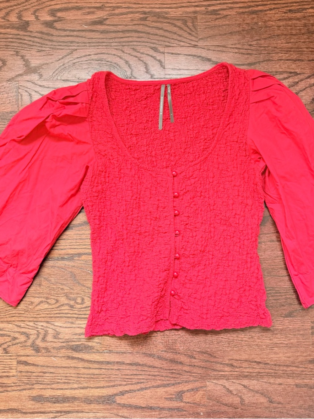 Anthropologie Bright Red Textured Button-Up Puff Sleeve Top